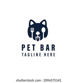 Pet bar logo design for pet shop or label for pet food. logo concept with dog face, fork, and spoon. combination silhouette with negative space vector illustration