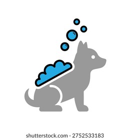 Pet bathing concept icon in minimal flat vector style with cute pet silhouette and soap bubbles, simple solid color isolated on white background.