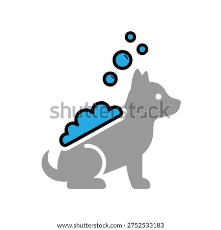 Pet bathing concept icon in minimal flat vector style with cute pet silhouette and soap bubbles, simple solid color isolated on white background.
