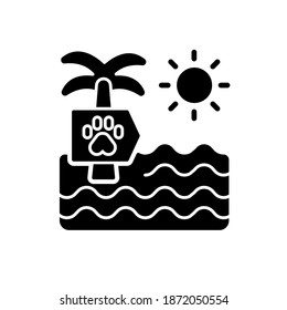 Pet beach black glyph icon. Special area for recreation with domestic animals. Summer recreation, holiday season activity silhouette symbol on white space. Pet resort. Vector isolated illustration