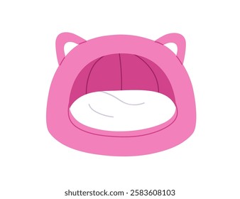 Pet bed with cushion. Dome-shaped shelter with funny ears. Cozy comfortable enclosed sleeping space for cats. Feline home furniture with roof. Flat vector illustration isolated on white background