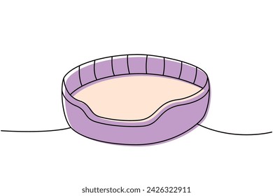 Pet bed, cushion pillow sleep one line colored continuous drawing. Animals accessories, pet toy supplies continuous one line illustration.