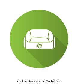 Pet bed flat design long shadow glyph icon. Vector silhouette illustration