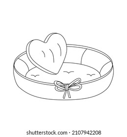 A pet bed with heart-shaped pillow. Contour of soft couch for cats or dogs. Outline sketch with editable line for coloring, design or logo.
