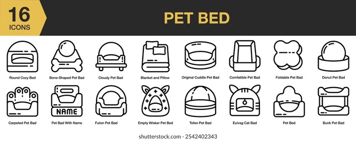 Conjunto de iconos de cama para mascotas. Incluye manta, almohada, hueso, litera, alfombrado, nublado, cama de mascotas, tofen mascota, y más. Colección de Vector de iconos de contorno.