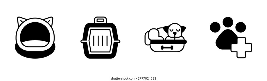 Pet Bed and Veterinary Care Icon Pack Featuring Sleeping Animal Carrier Transportation and Wellness Services