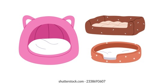 Pet beds set. Comfortable feline and canine furniture for sleeping, relaxing. Comfy cozy cushions, soft pillows for cats and dogs, home animals. Flat vector illustrations isolated on white background