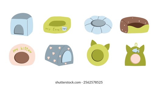 Pet beds Set, different shaped pet beds clipart vector illustration, blue and green colors