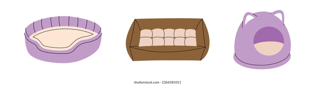 Pet beds, sleep pillows. Animals accessories, pet supplies. Vector illustration.