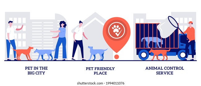 Pet in the big city, dog friendly place, animal control service concept with tiny people. Pet ownership abstract vector illustration set. Walking place, rescue service, stray dogs and cats metaphor.