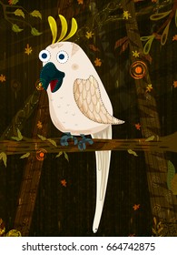 Pet bird Cockatoo on jungle forest background in vector