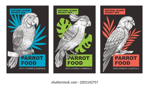 Pet Bird Food Packaging Design Set. Dark Advertising Banners With Products For Animal. Brand Design With Parrots. Diet For Budgerigars, Ara, Cockatoos. Cartoon Flat Vector Collection Isolated On White