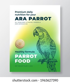 Pet Bird Food Product Label Template. Abstract Vector Packaging Design Layout. Modern Typography Banner with Hand Drawn Ara Parrot Sketch Background. Isolated.