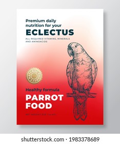 Pet Bird Food Product Label Template. Abstract Vector Packaging Design Layout. Modern Typography Banner with Hand Drawn Eclectus Parrot Sketch Background. Isolated.
