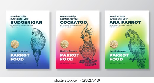 Pet Bird Food Product Label Templates Set. Abstract Vector Packaging Design Layouts. Modern Typography Banners with Hand Drawn Budgerigar, Ara and Cockatoo Parrots Sketch Backgrounds Collection.