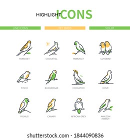 Pet birds - modern line design style icons set on white background. A collection of animals. Parakeet, parrotlet, lovebird, finch, budgerigar, cockatoo, dove, pionus, canary, amazon parrot images