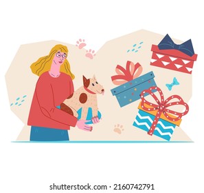 Pet birthday celebration concept with woman pampering her pet with gifts and treats, flat vector illustration isolated on white background. Dog birthday greeting card design.