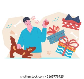 Pet birthday gifts and celebration concept with owner pampering his dog with gifts and treats, flat vector illustration isolated on white. Gifts and goods for pets promotional card.