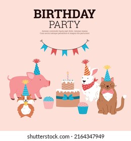 Pet birthday party card flat style, vector illustration on beige background. Happy cat, hamster, pig and rabbit in party hats. Cakes, decorations, place for text