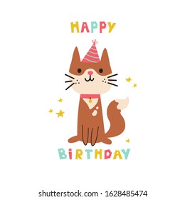 Pet birthday party.Cat in festive cap.Happy Birthday lettering.Lovely kitty.Hand drawn pet.Greeting card.Invitation.Vector flat cartoon illustration isolated on white background.