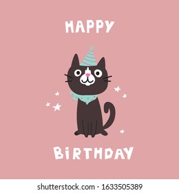 Pet birthday party.Cat in festive cap.Happy Birthday lettering.Lovely kitty.Hand drawn pet.Greeting card.Invitation.Vector flat cartoon illustration isolated on pink background.