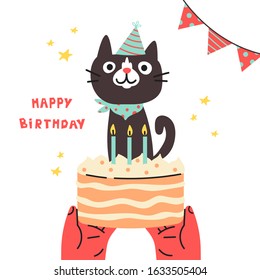 Pet birthday party.Cat in festive cap.Happy Birthday lettering.Lovely kitty with cake.Hand drawn pet.Greeting card.Invitation.Vector flat cartoon illustration isolated on white background.