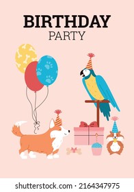 Pet birthday party greeting card with cute corgi, parrot and hamster - flat vector illustration. Postcard template with cheerful animal characters. Birthday celebration balloons and present box.