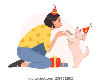 Pet Birthday Party. Happy woman in festive cap and gifts celebrate the birthday of their dog. Flat vector illustration