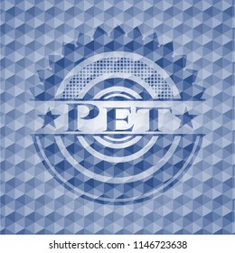 Pet blue badge with geometric pattern.