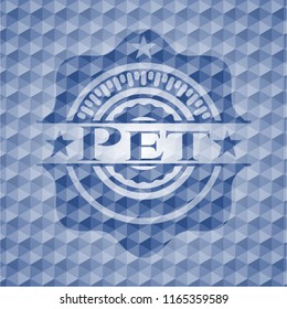 Pet blue emblem or badge with abstract geometric pattern background.