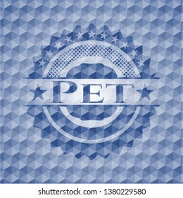 Pet blue emblem or badge with geometric pattern background.