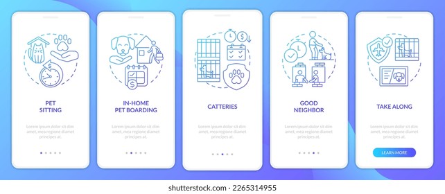 Pet boarding onboarding blue gradient mobile app screen. Animal travel care walkthrough 5 steps graphic instructions with linear concepts. UI, UX, GUI template. Myriad Pro-Bold, Regular fonts used