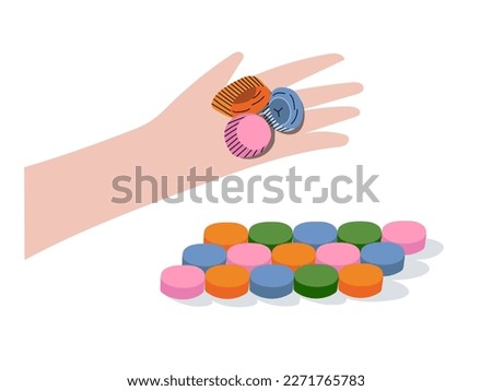PET bottle caps in a human hand and an example of the way to recycle them into mosaic used in garden or home decor. Foto stock © 