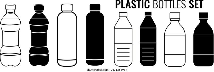 PET Bottle, Plastic Icon set Vector. Hand drawn simple illustration of plastic container.