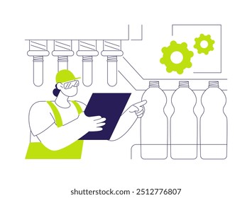 Haustierflasche Produktion abstraktes Konzept Vektorgrafik. Verfahren zur Herstellung von Getränken, Sodawasser, kohlensäurehaltigen Getränken, Haustier-Vorform, Lebensmittelindustrie, Getränkeherstellung abstrakte Metapher.