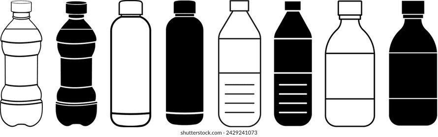 PET bottle silhouette icons set. Black simple illustration of tall container 