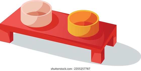 pet bowl, cartoon, two, on stand, table, pink, orange, red