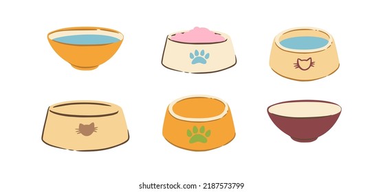 Pet Bowl With Food And Water. Bowl For Cat Or Dog For Kibbles And Water. Vector Illustration In Cute Cartoon Style