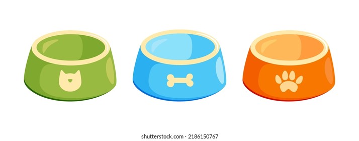 Pet bowl set. Empty bowls for cat or dog for kibbles and water. Vector illustration in cute cartoon style