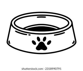 Pet bowl vector icon. Plate for a dog or cat with a paw sign. Empty container for dry food or water. Caring for a domestic animal. Black and white sketch. Isolated clipart for posters, print, web