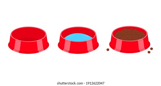 Pet bowls empty, filled with water and food. Dog or cat plastic plates isolated on white background. Vector cartoon illustration.