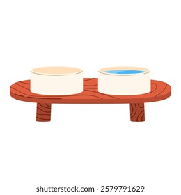 Pet bowls with wooden stand. Pet furniture for feeding dogs and cats. Vector illustration in cartoon style. Isolated white background
