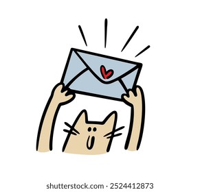 Pet brought an envelope with love letter. Vector illustration of  cat holding up his hands and showing heart message. Delivery service and the postman from the post office.