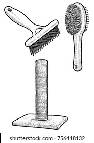 Pet brush and cat scratching post illustration, drawing, engraving, ink, line art, vector