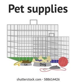 Pet cage. Shop for domestic animals. Zoo store. Animal suppliers. Flat vector stock illustration