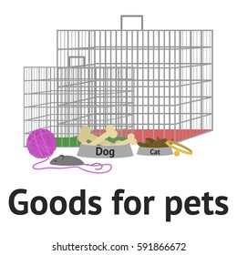 Pet cage. Shop for domestic animals. Zoo store. Animal suppliers. Flat vector stock illustration