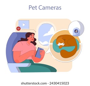 Pet Cameras concept. A serene moment as a woman watches her sleeping cat through a pet camera. Peace of mind from anywhere.