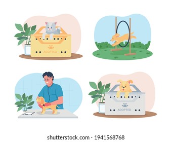Pet care 2D vector web banner, poster set. Training, medical care. Veterinarian doctor, dogs flat characters on cartoon background. Cat in adoption box printable patch, colorful web element collection