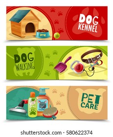 Pet care 3 funny colorful horizontal banners petsshop advertising  bookmarks collection with dog kennel isolated vector illustration 
