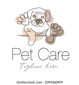 Pet care abstract logo of cute dog line art vector illustration with dummy text on white background.